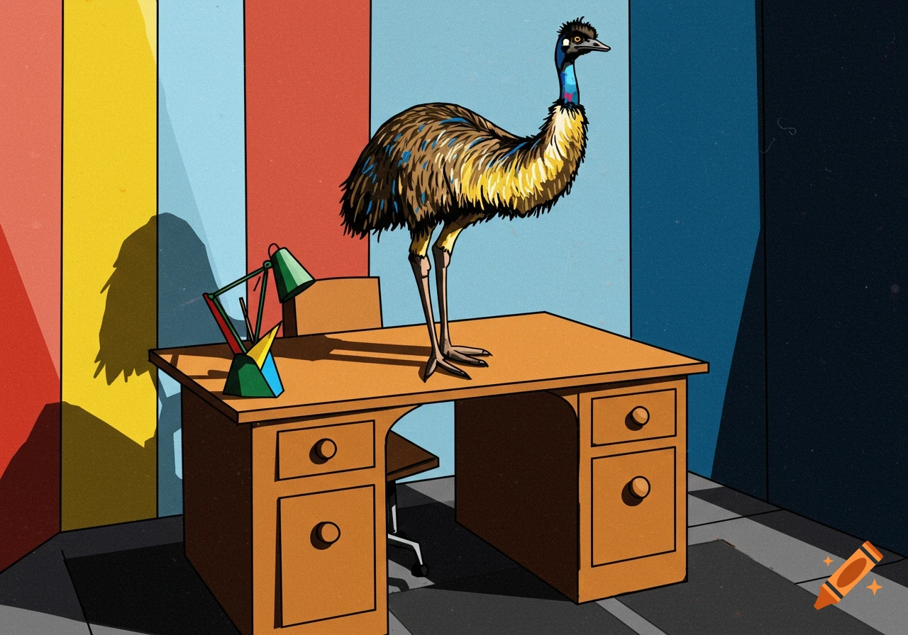 An emu stands on an office desk in a colorful, graphic art style room with vertical striped walls.
