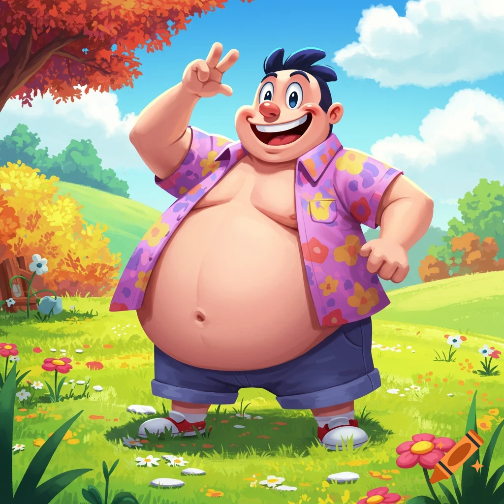 Happy, plump cartoon man in an open Hawaiian shirt and shorts, smiling and waving a peace sign in a vibrant meadow.