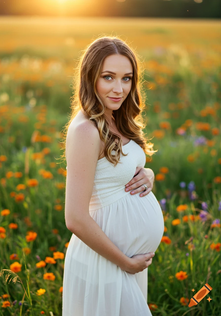 A pregnant woman with long brown hair and blonde tips, wearing a white dress, stands in a field of orange flowers at sunset, gently holding her belly.