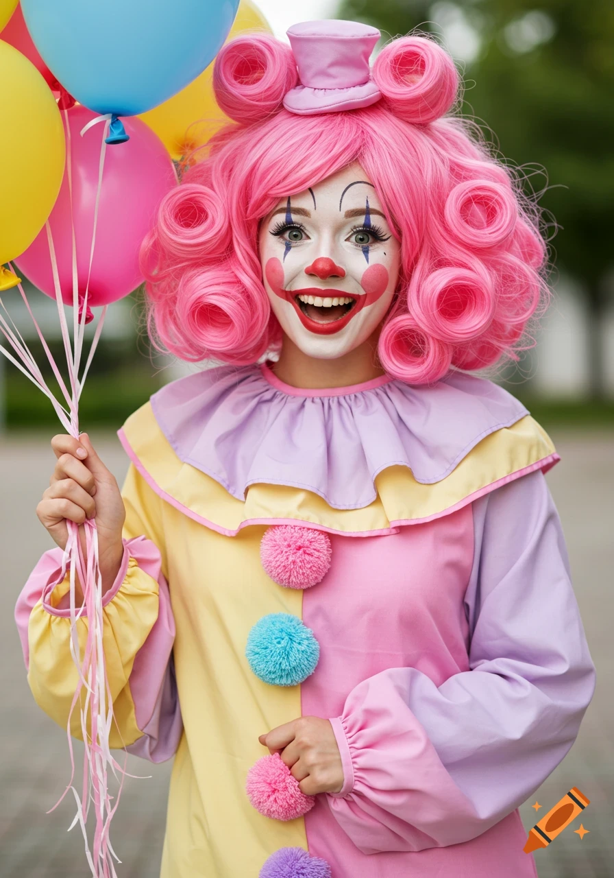 A happy clown woman with pink curly hair and full makeup, wearing a pastel colorful costume and holding balloons.