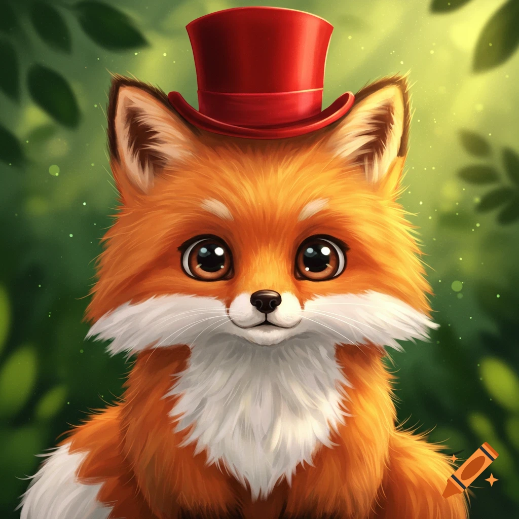 A cute, fluffy orange fox with big dark eyes wearing a red top hat, set against a blurred green forest background.