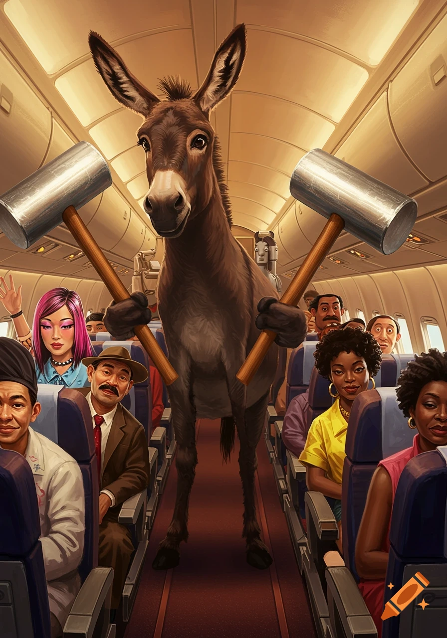 A large brown donkey stands in an airplane aisle, holding two metal hammers, with surprised passengers looking on.