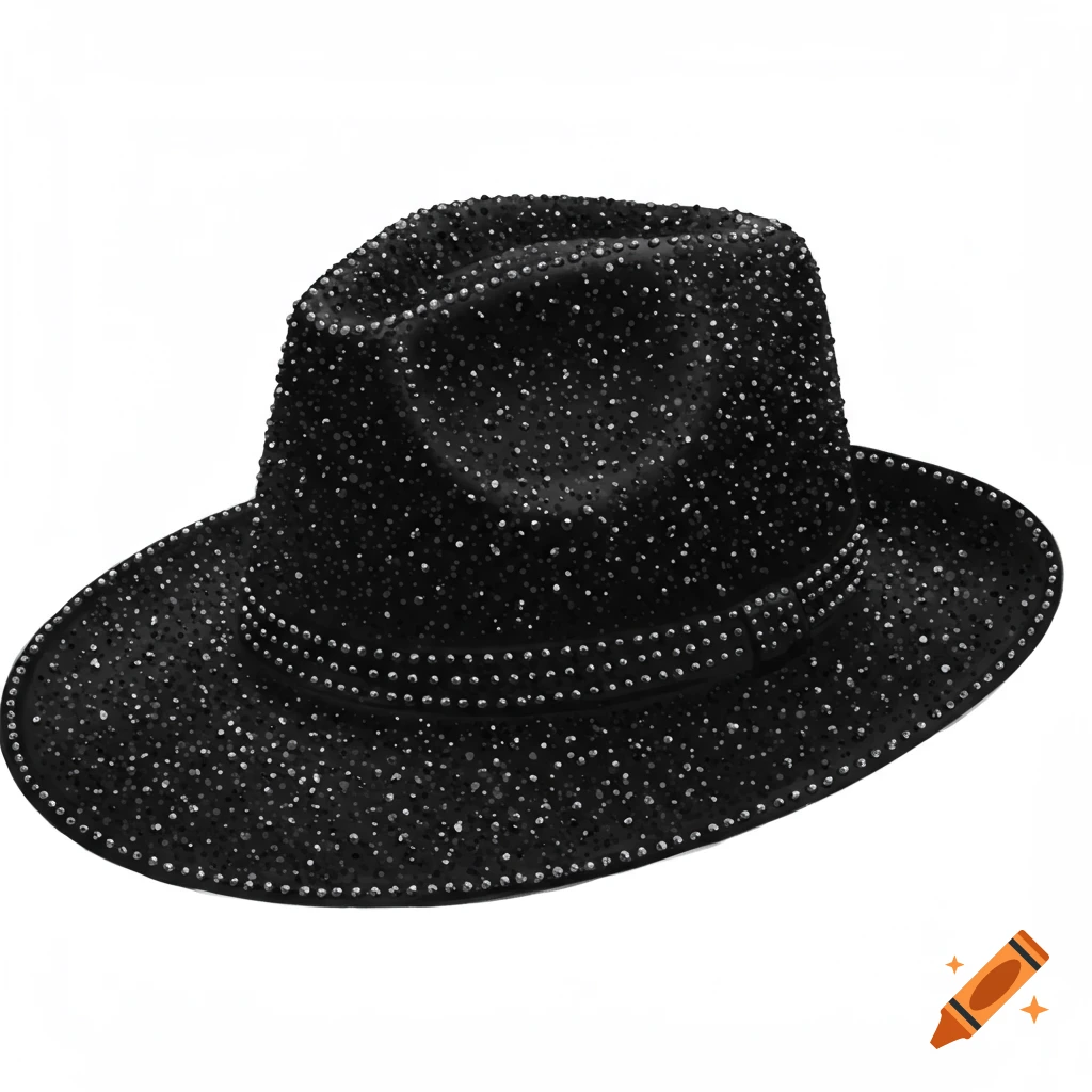 A black fedora hat covered in sparkling silver studs, on a white background.