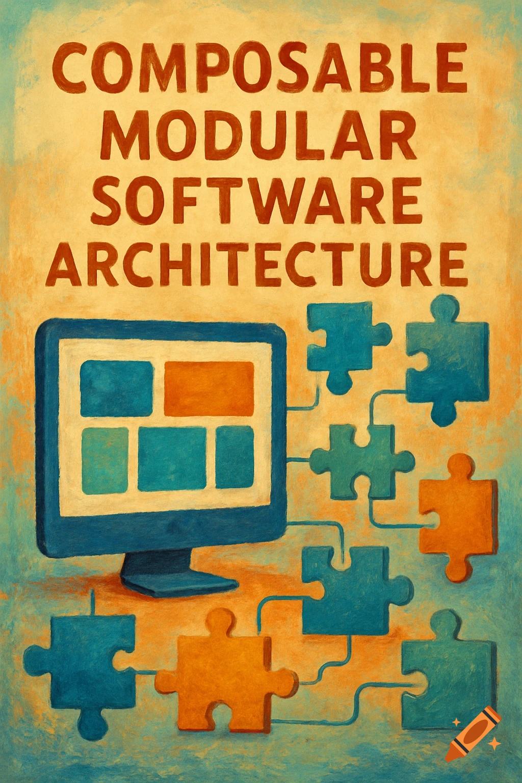 A textured painting illustrating 'Composable Modular Software Architecture' with a computer monitor and connected puzzle pieces in shades of blue and orange.