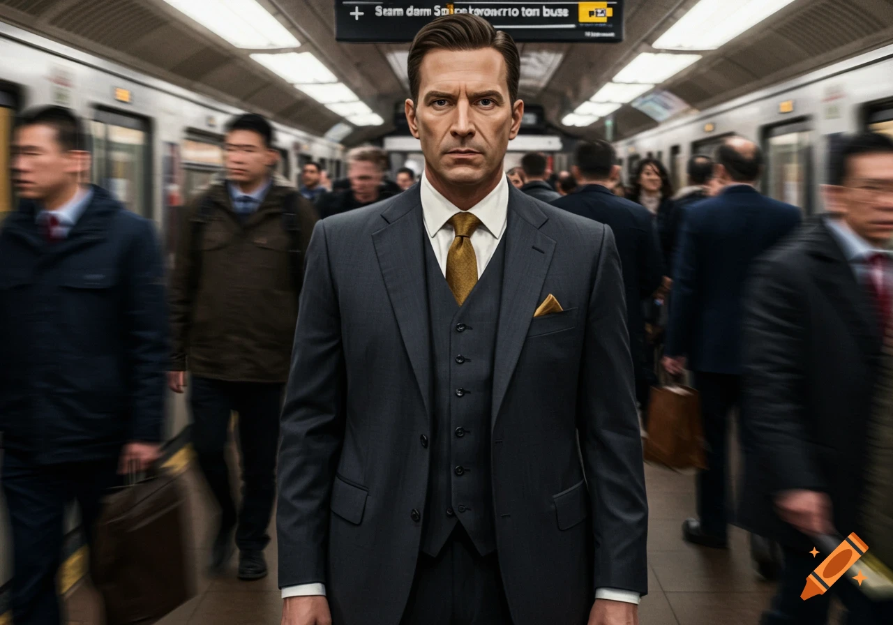A stern man in a dark three-piece suit and gold tie stands prominently in a busy, blurred subway station.