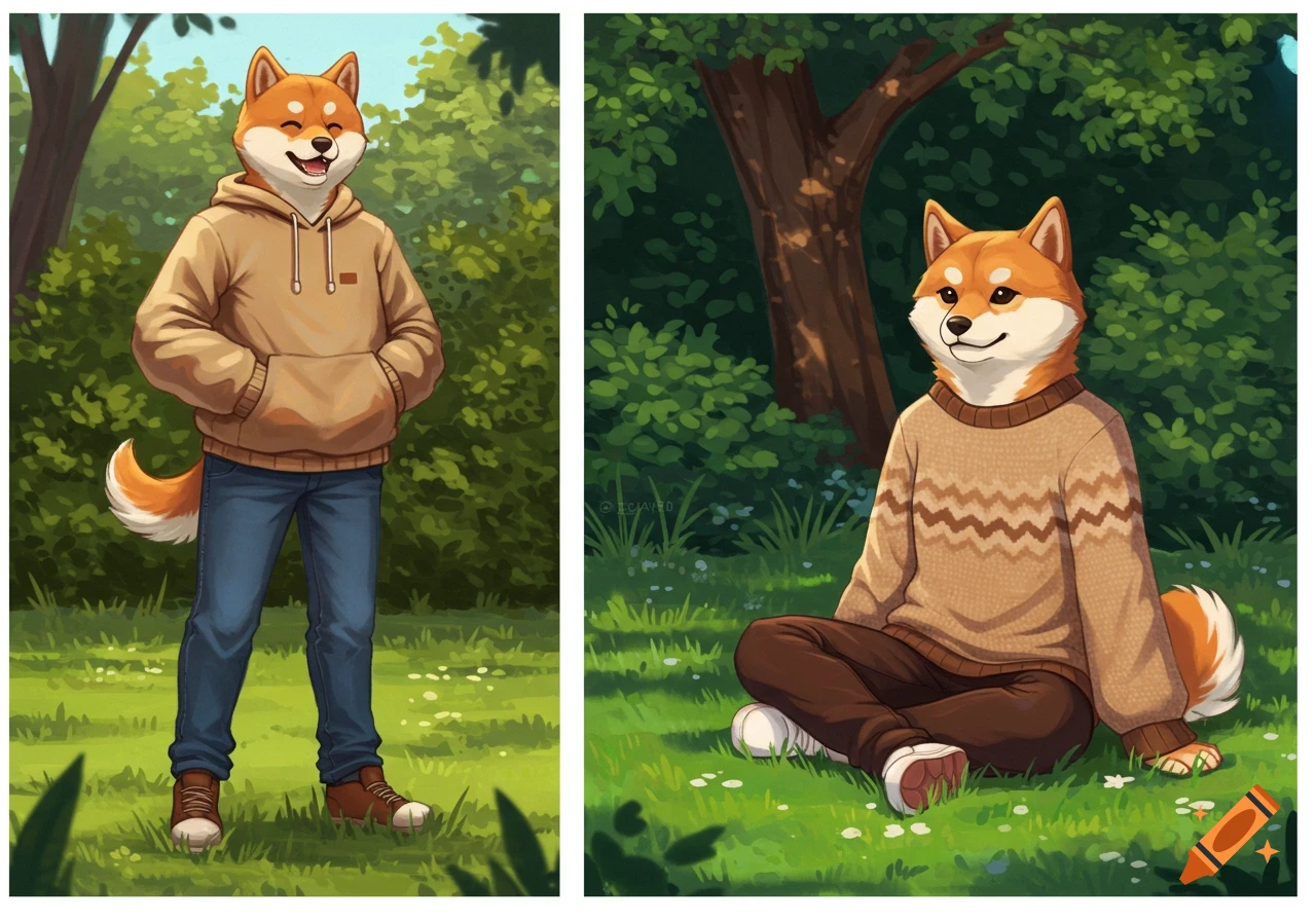 Two cartoon Shiba Inu characters in a forest. One stands in a hoodie and jeans, the other sits in a sweater.