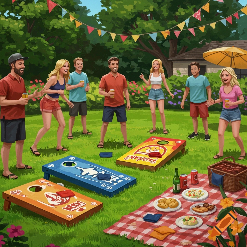 People playing cornhole at an outdoor backyard party with a picnic blanket and food.