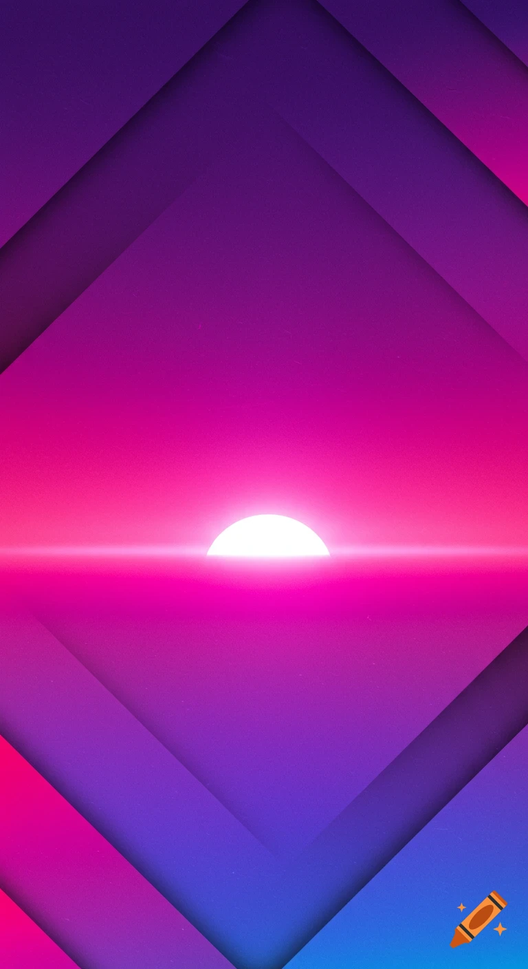 Abstract phone background with a vibrant pink and purple gradient, a glowing white circle on the horizon, and sharp dark geometric angles.