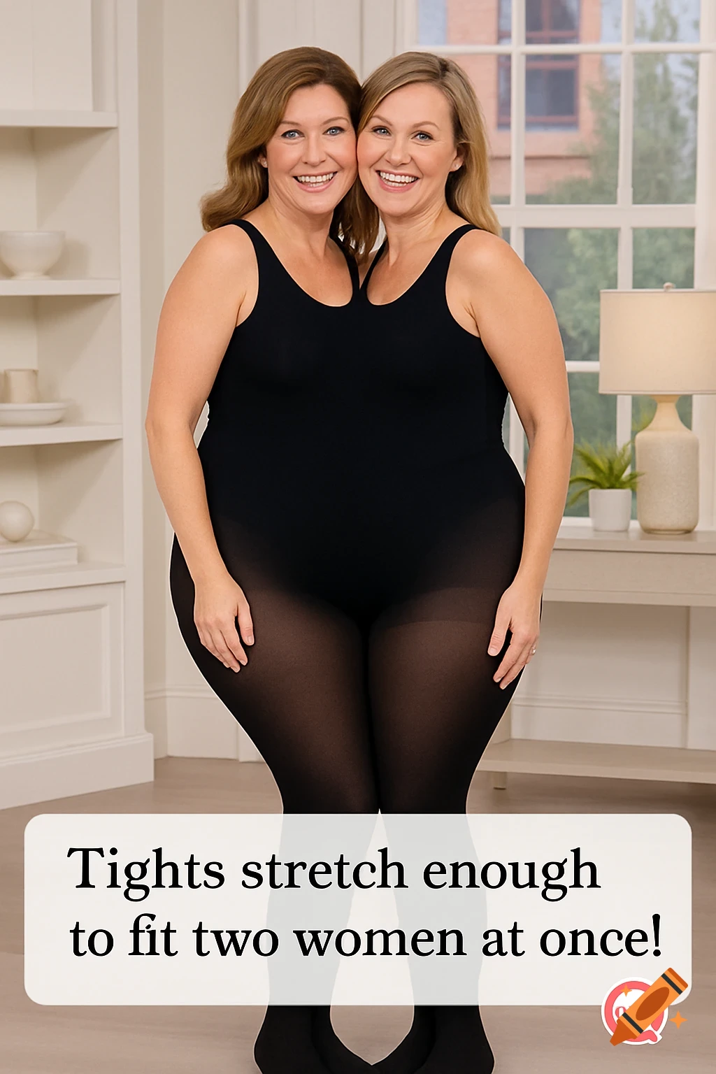 Two smiling women in a black leotard and tights, merged into one figure, demonstrating stretchiness. Text reads: Tights stretch enough to fit two women at once!