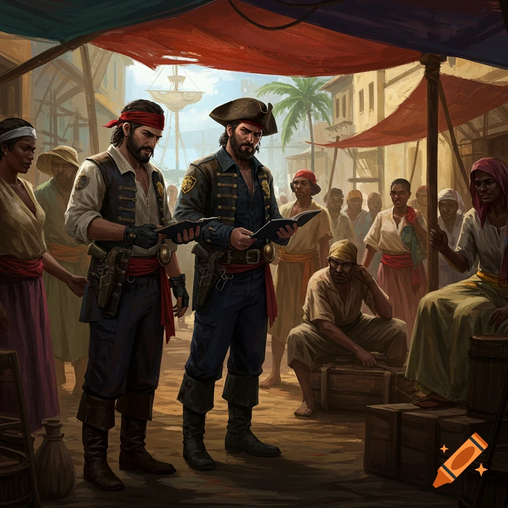 Two bearded men in pirate-like attire, one in a tricorn hat, read documents in a bustling, sunlit marketplace. Digital art.