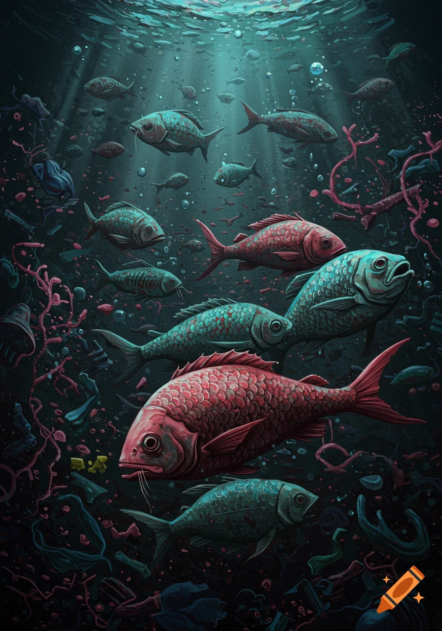 Illustrated scene of red and blue-green fish swimming through dark ocean waters filled with debris and microplastics, light rays piercing from the surface.