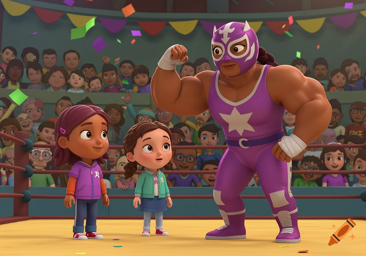 A cartoon masked wrestler flexes for two young girls in a wrestling arena full of spectators.