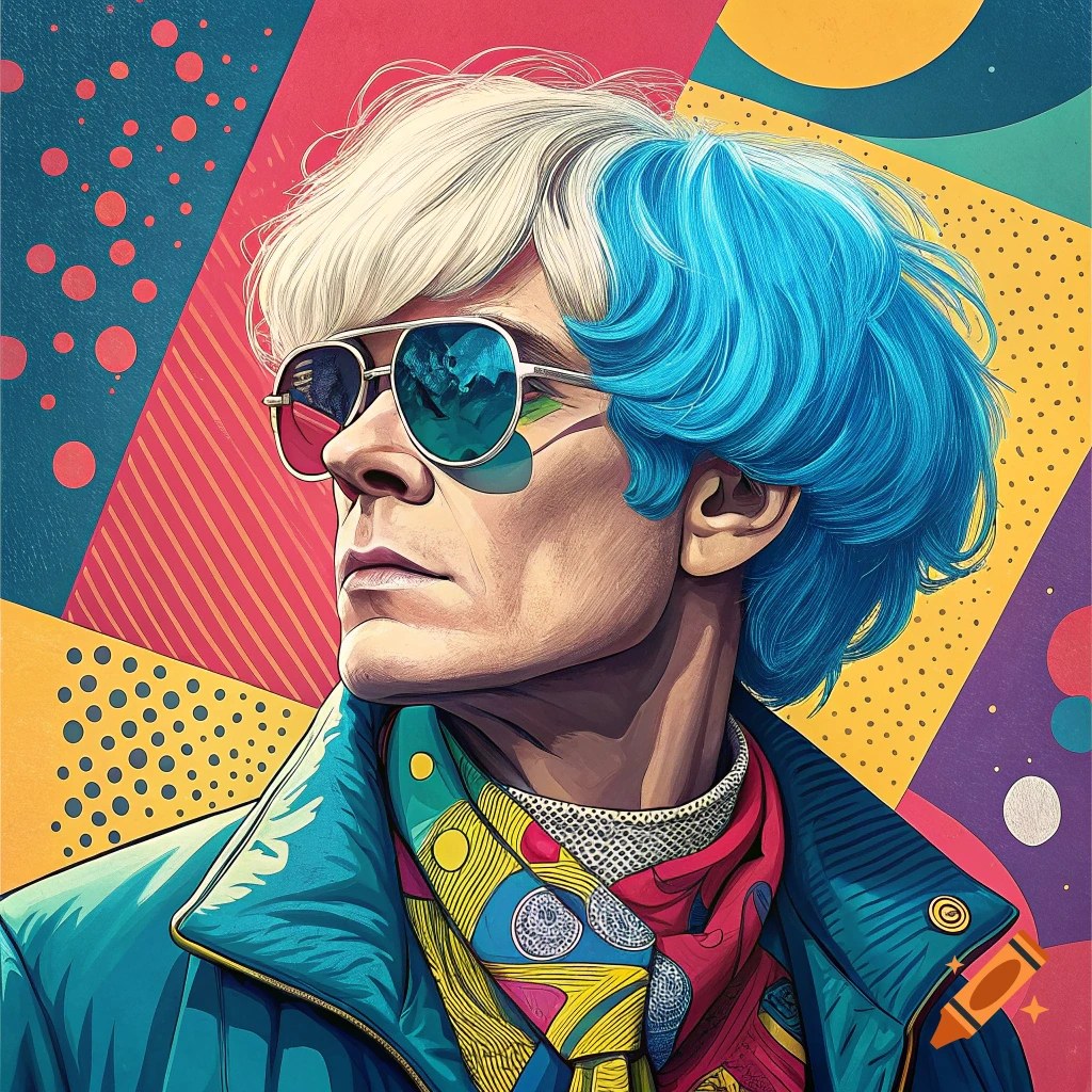 Pop art portrait of a person with blonde and blue hair and sunglasses against a vibrant abstract background.