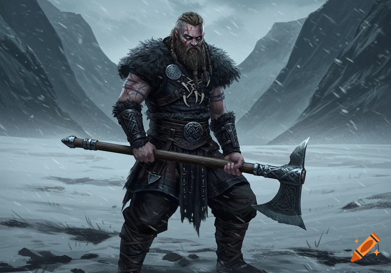 A fierce bearded berserker warrior with an axe stands in a snowy mountain landscape, digital art.