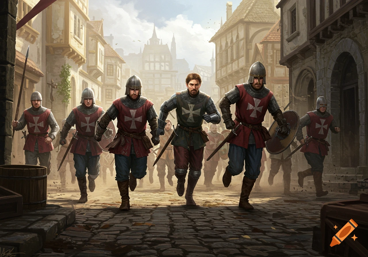A group of medieval guards, wearing chainmail and surcoats with crosses, run through a cobblestone street in a historic town.
