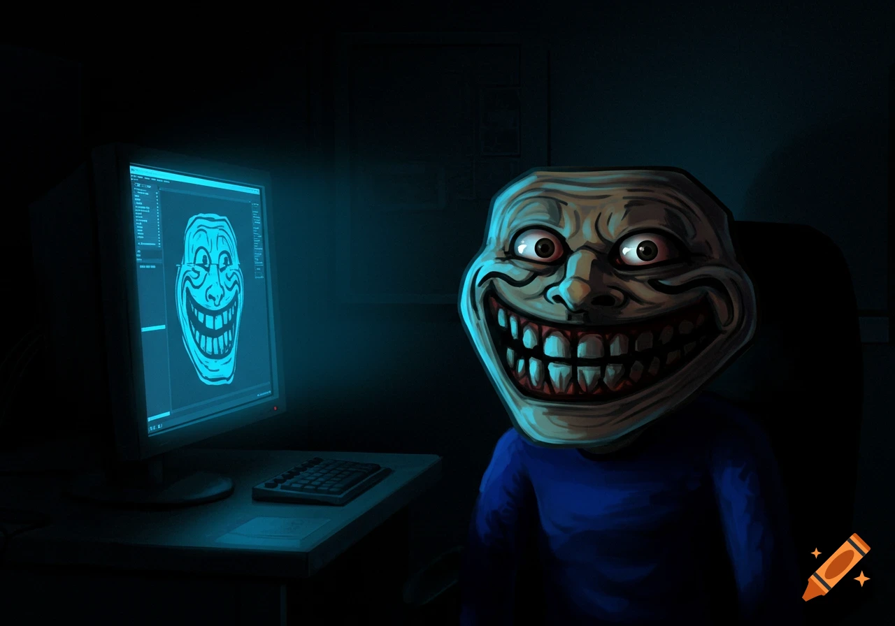 A person wearing a large Trollface mask sits in a dark room, illuminated by a blue glowing computer monitor displaying the same meme face.