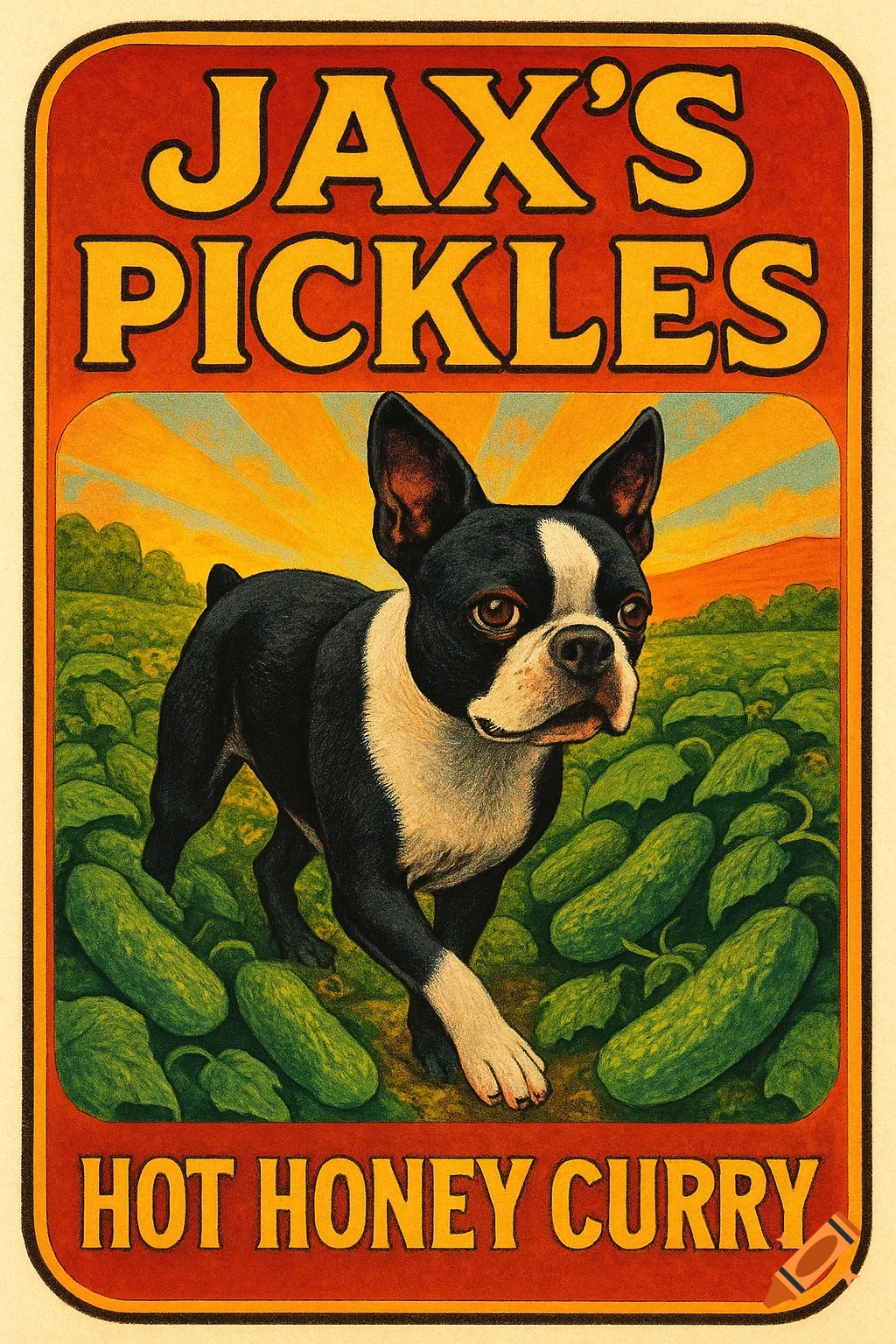 A colorful vintage-style product label for "Jax's Pickles Hot Honey Curry" featuring a Boston Terrier walking through a field of cucumbers.