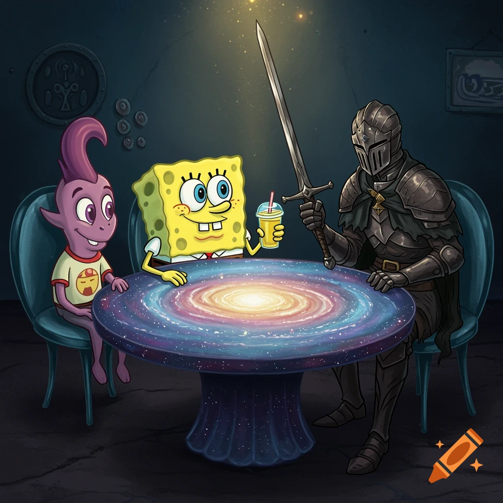 SpongeBob SquarePants, a purple alien, and a knight in dark armor sit at a glowing cosmic table in a dim room.