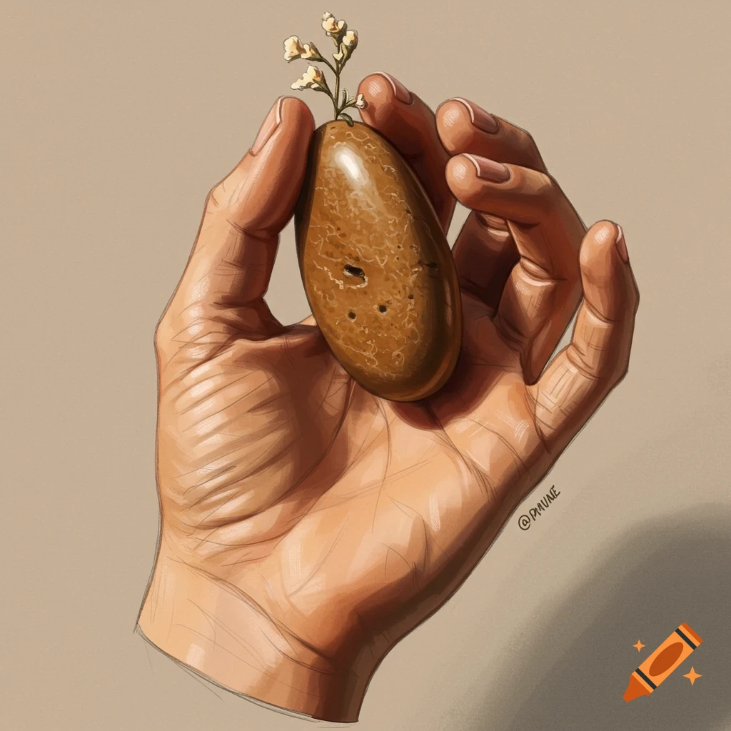 An illustrated hand holds a smooth brown stone with small white flowers growing from it.