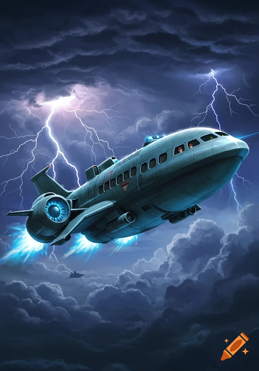 Large grey futuristic aircraft with blue glowing engines flying through a stormy sky with lightning strikes.
