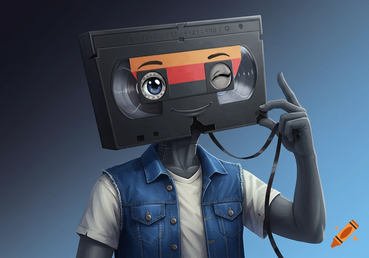 A stylized character with a VHS tape for a head, featuring cartoon eyes and a smile, wearing a denim vest, holding a loose tape string. Digital art.