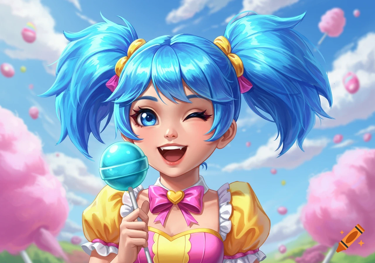 A cartoon girl with blue pigtails, a pink and yellow dress, winks while holding a blue lollipop, with cotton candy trees and a blue sky.