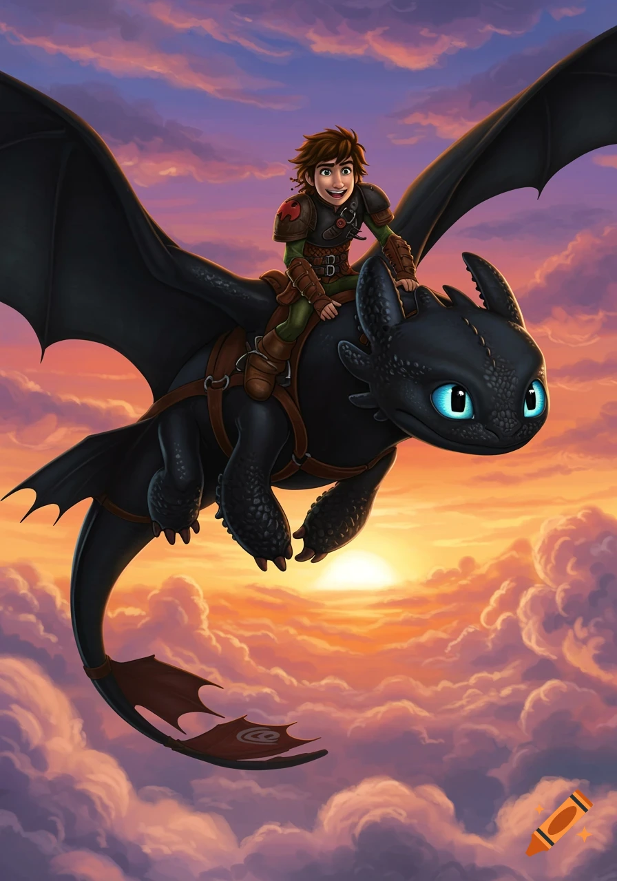 Hiccup rides Toothless, a black dragon, through a cloudy sunset sky, with the sun low on the horizon.