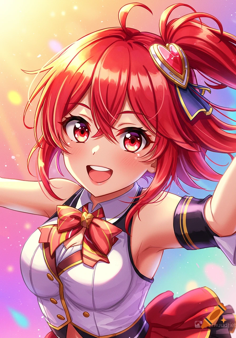 A smiling anime girl with vibrant red hair and eyes, wearing a white and gold idol uniform with a large red bow and a heart-shaped hair clip, against a bright, colorful background.