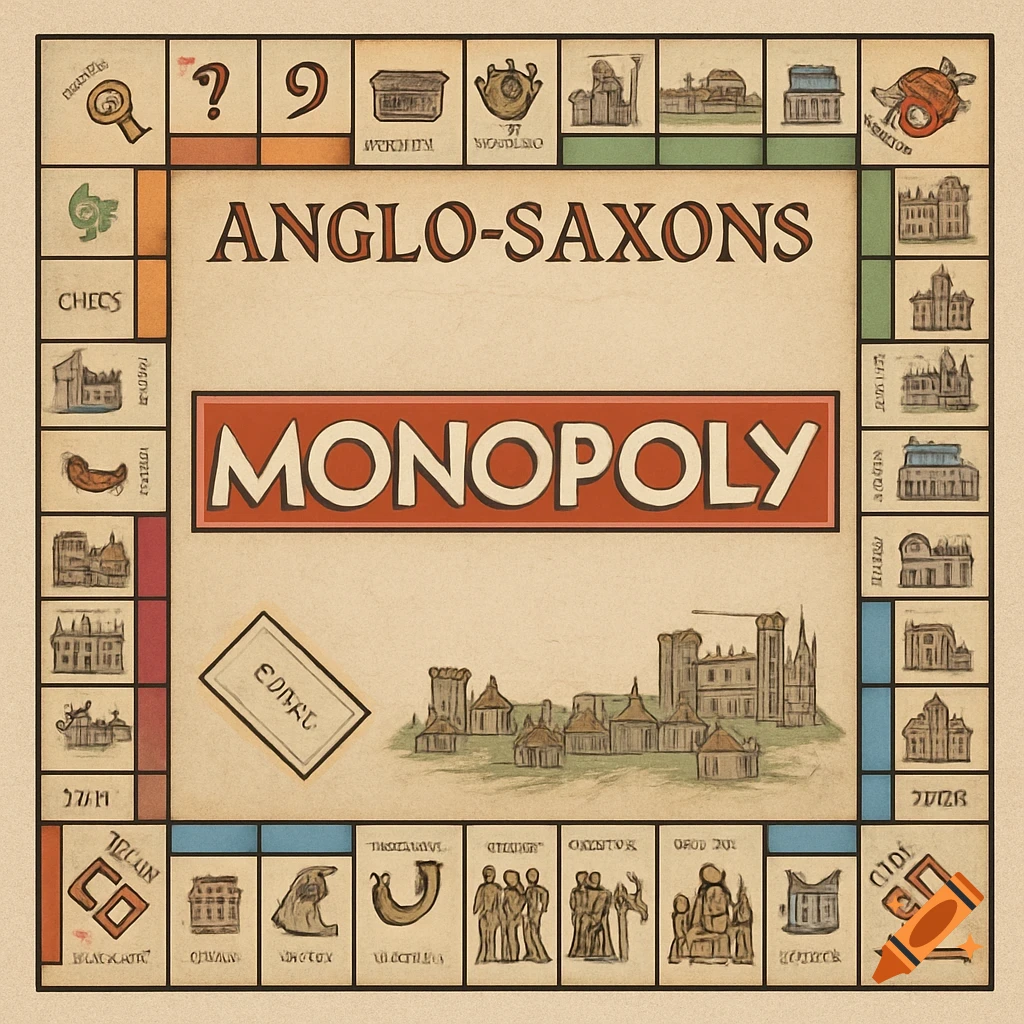 An Anglo-Saxons themed Monopoly board game with a beige background and various historical illustrations on the property squares.