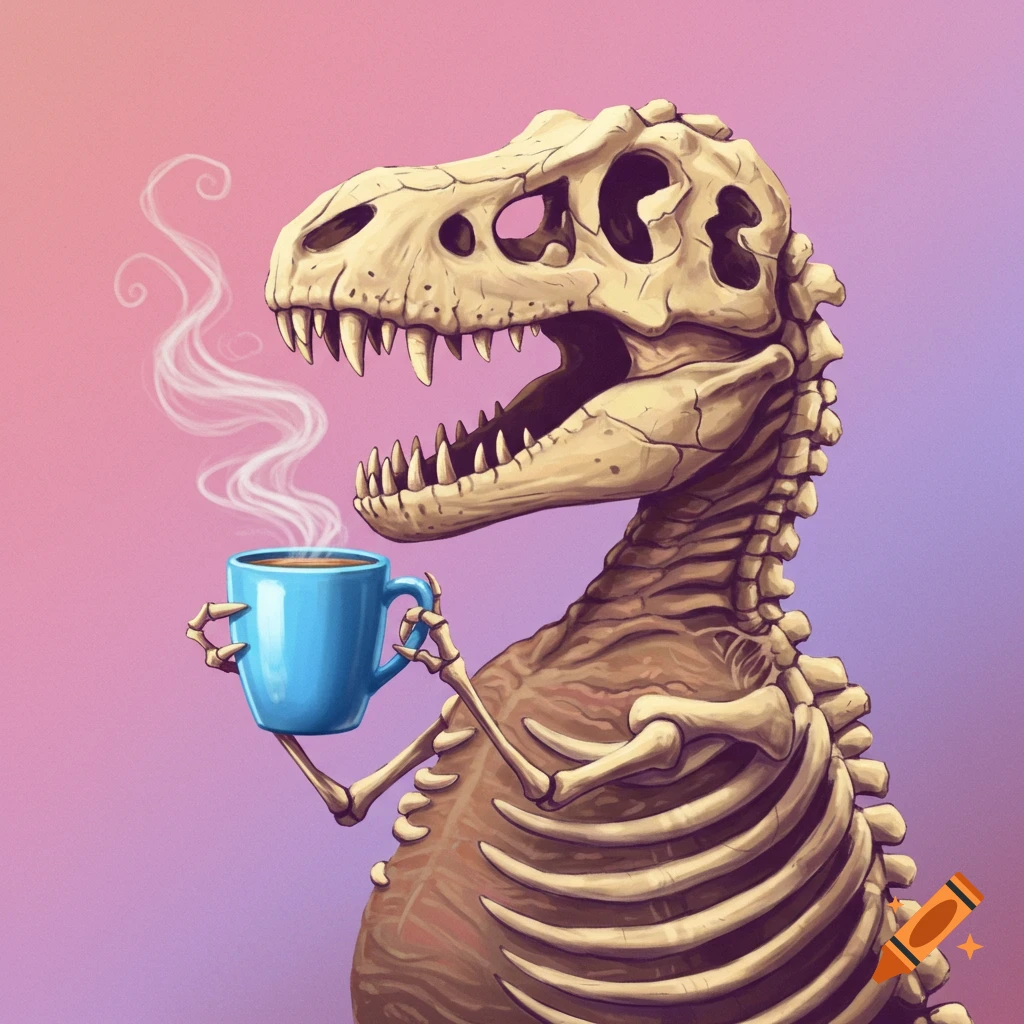An illustrated T-Rex skeleton holds a steaming blue coffee mug against a pink and purple gradient background.