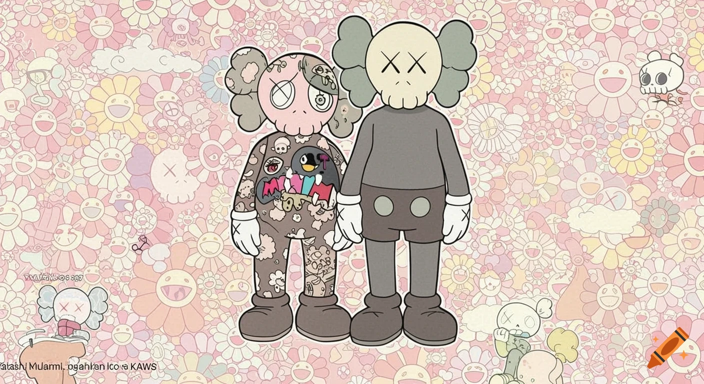 Two stylized Kaws-like characters stand against a background of colorful smiling Murakami flowers in a pop art illustration.