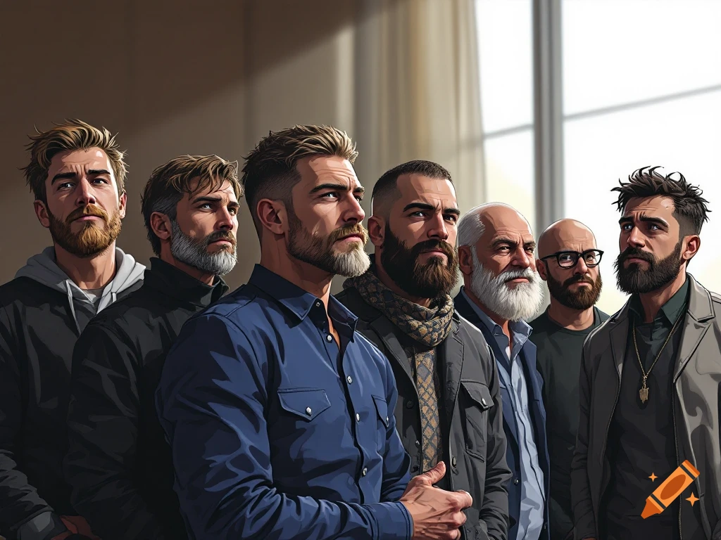 A group of diverse men with beards in a comic book style, looking attentively to the right.