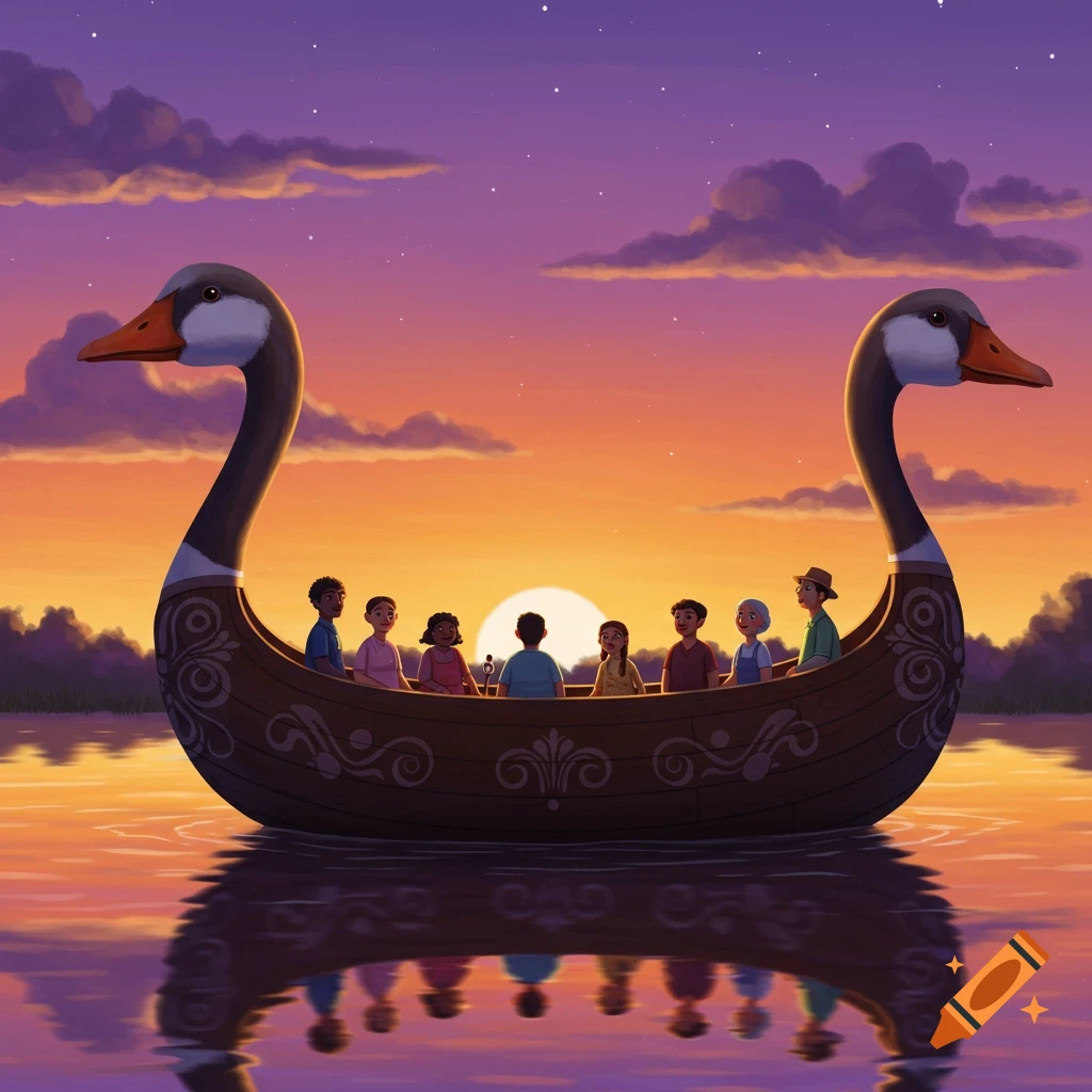 Children and adults ride a whimsical goose-shaped boat on calm water at sunset, in an illustration style.