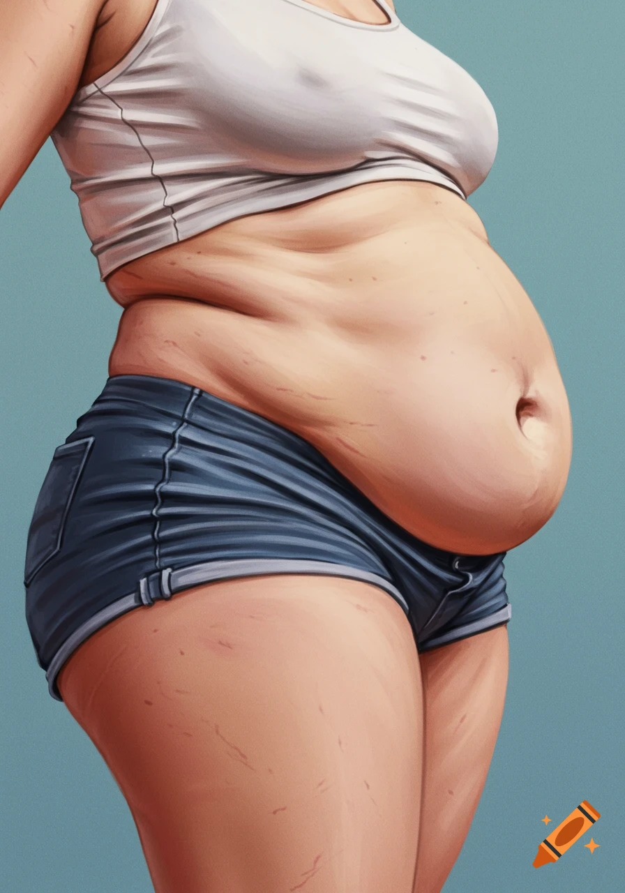 Stylized illustration of an overweight woman's torso, showing her belly hanging over denim shorts and a white crop top.