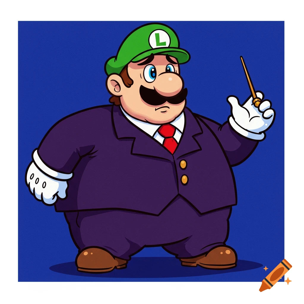 Cartoon illustration of a fat Luigi wearing a purple suit, red tie, and green hat with an 'L' on it, holding a conductor's baton against a blue background.