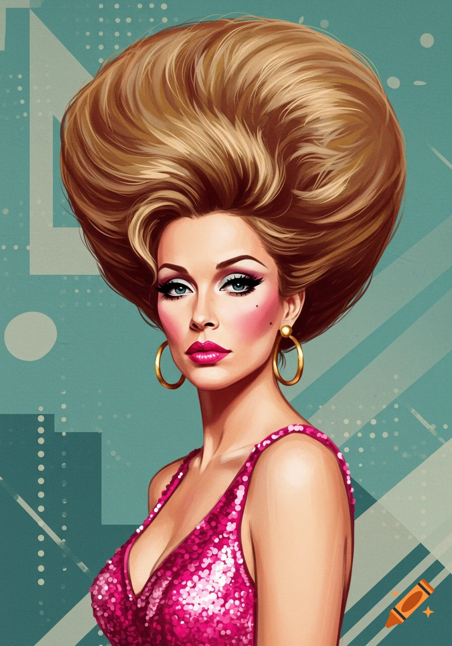 Stylized illustration of a woman with voluminous blonde hair, vibrant makeup, and a pink sequined top against a teal geometric background.