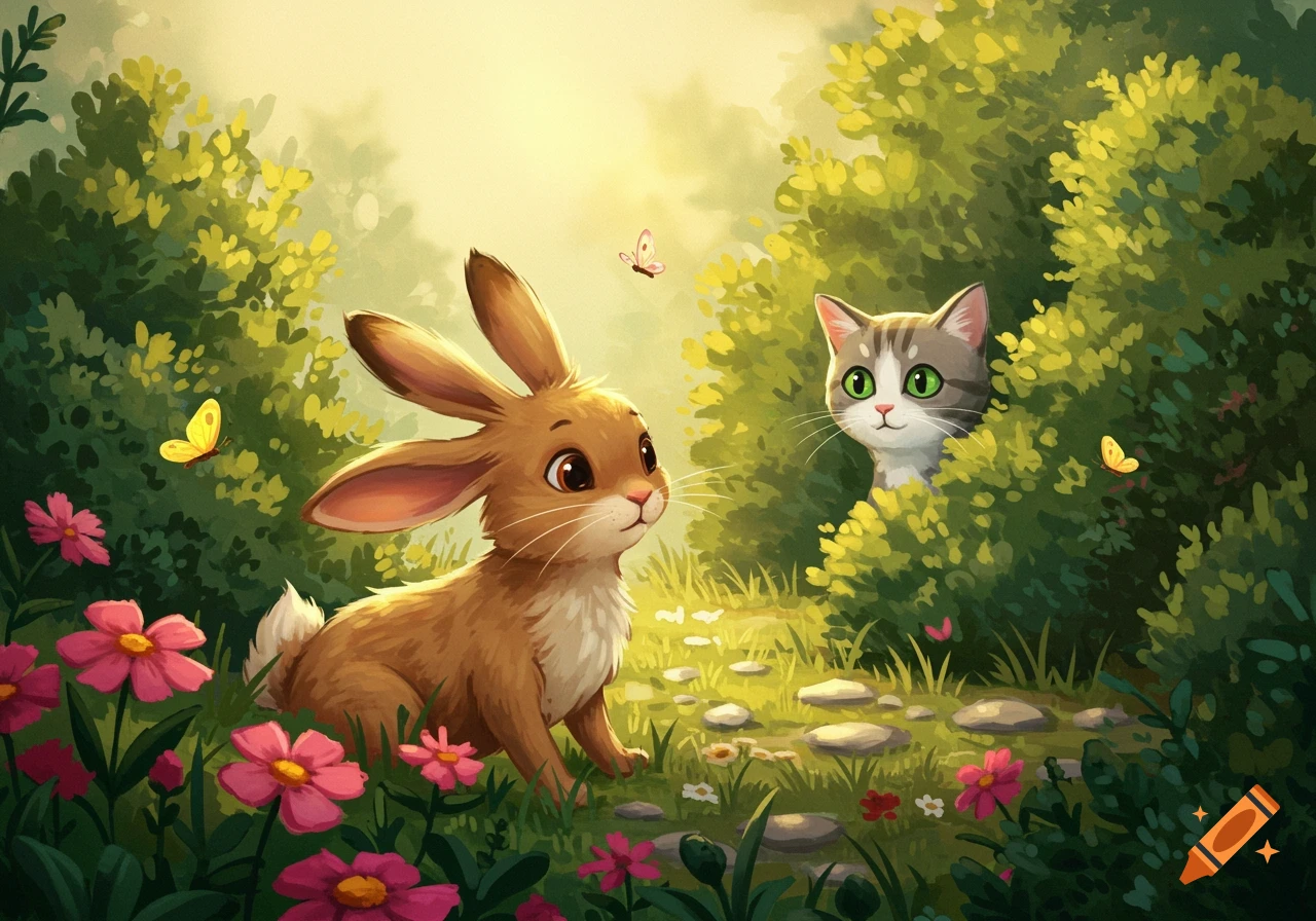Cute cartoon rabbit looks at a grey cat peeking from green bushes in a sunlit garden with pink flowers.