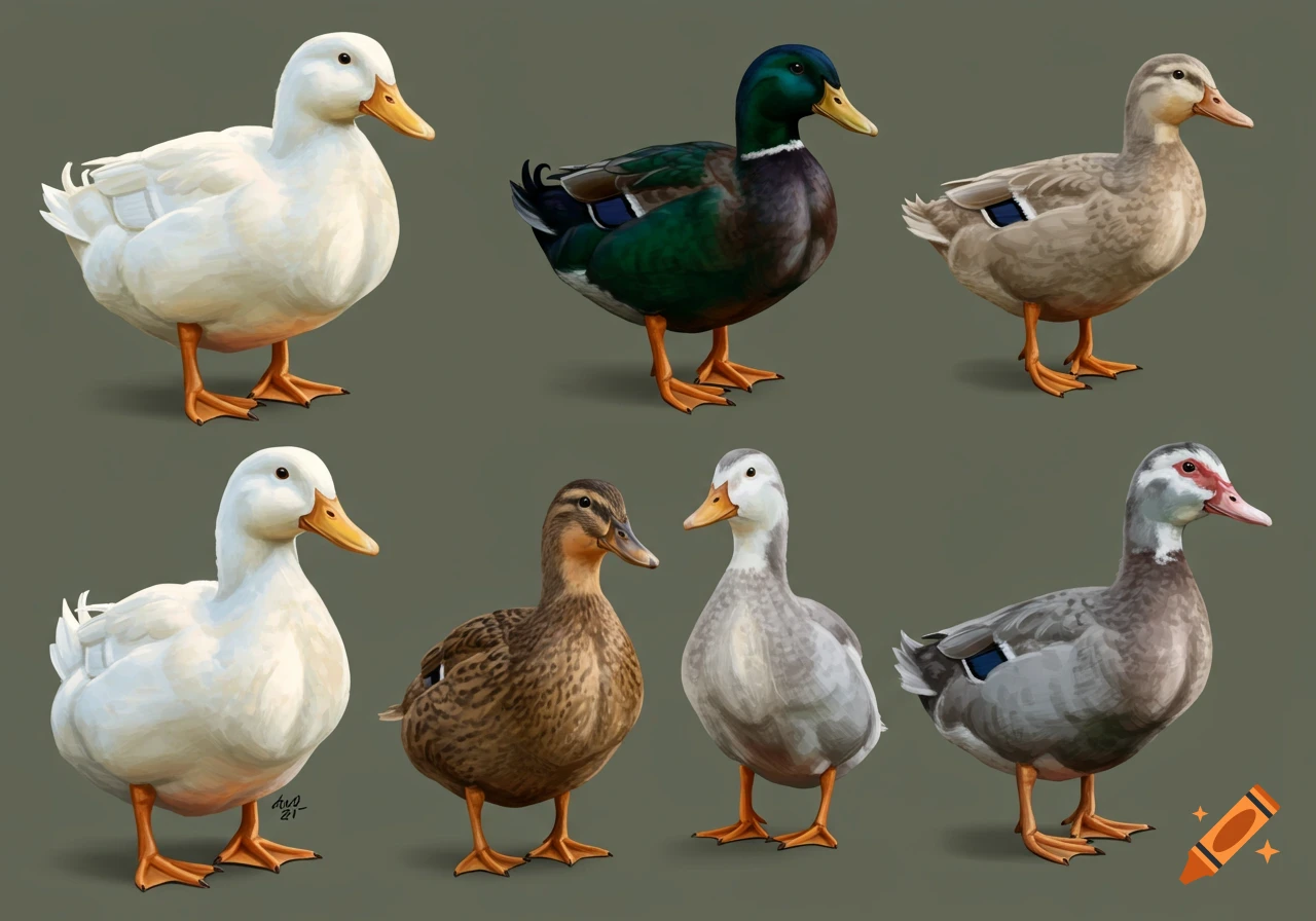 Six ducks of various breeds and colors stand on a plain gray background.