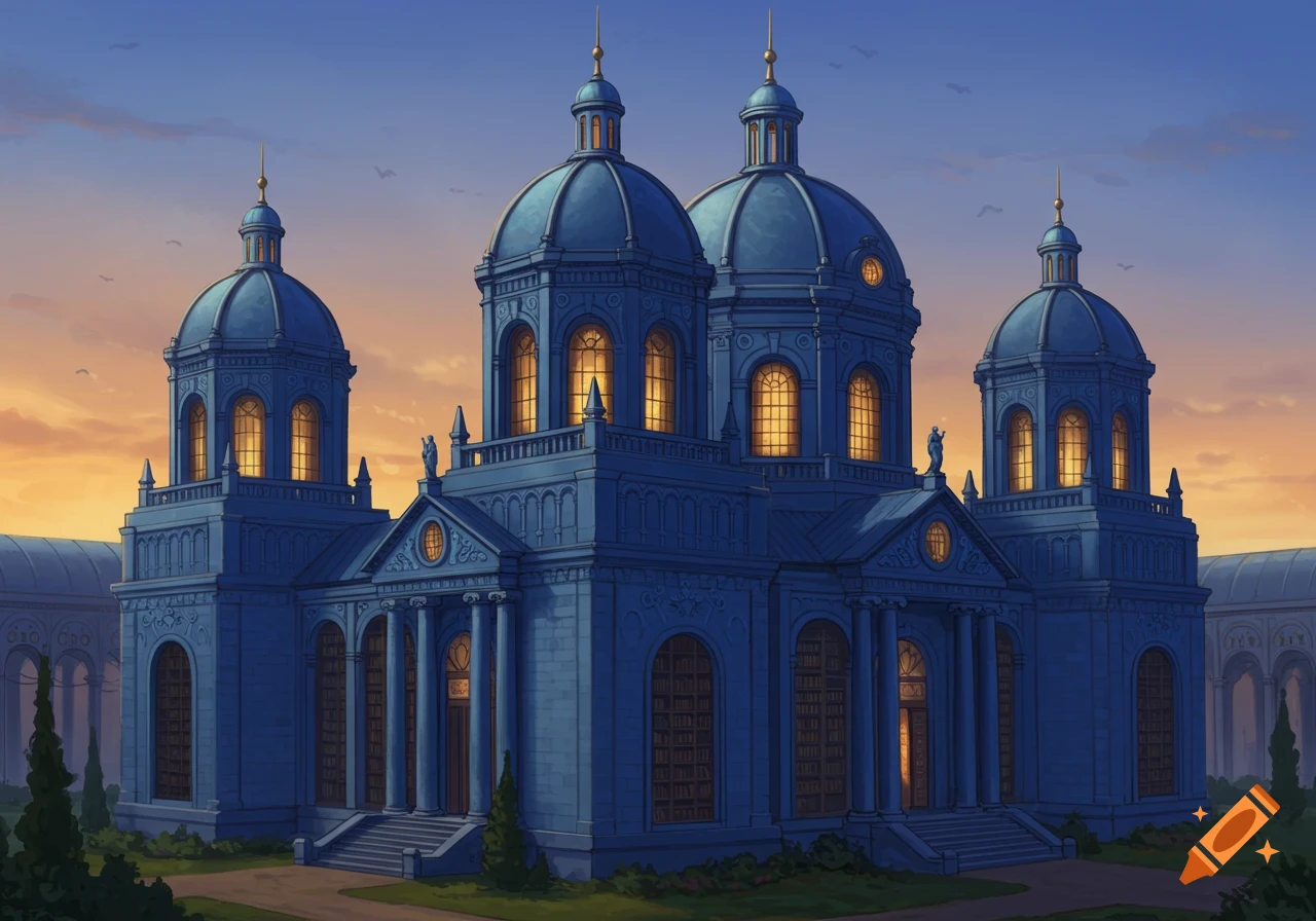 A grand cerulean building with multiple blue domed towers, illuminated windows, and surrounding greenery at sunset.