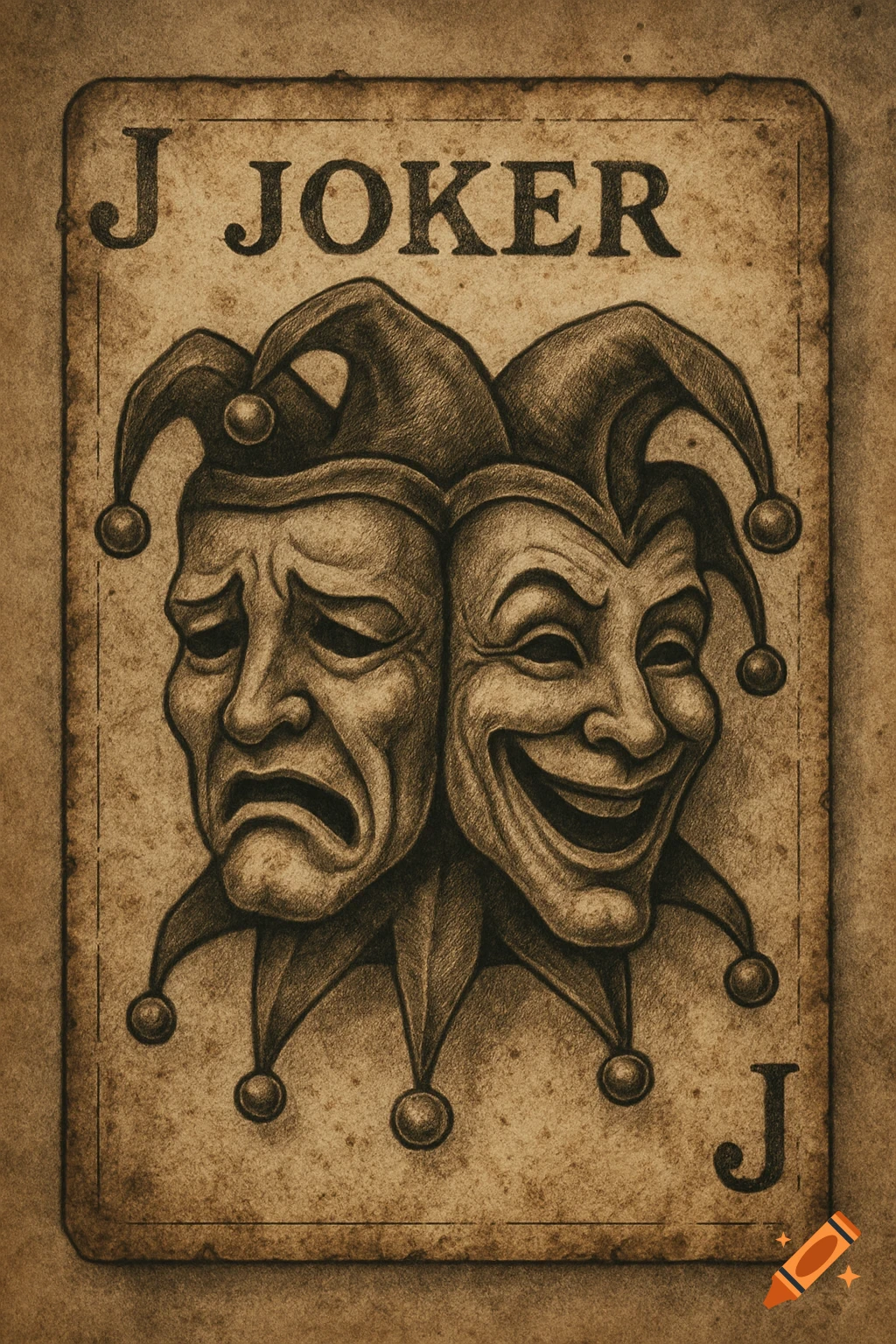 A weathered Joker playing card featuring detailed illustrations of the comedy and tragedy masks in a sepia tone.