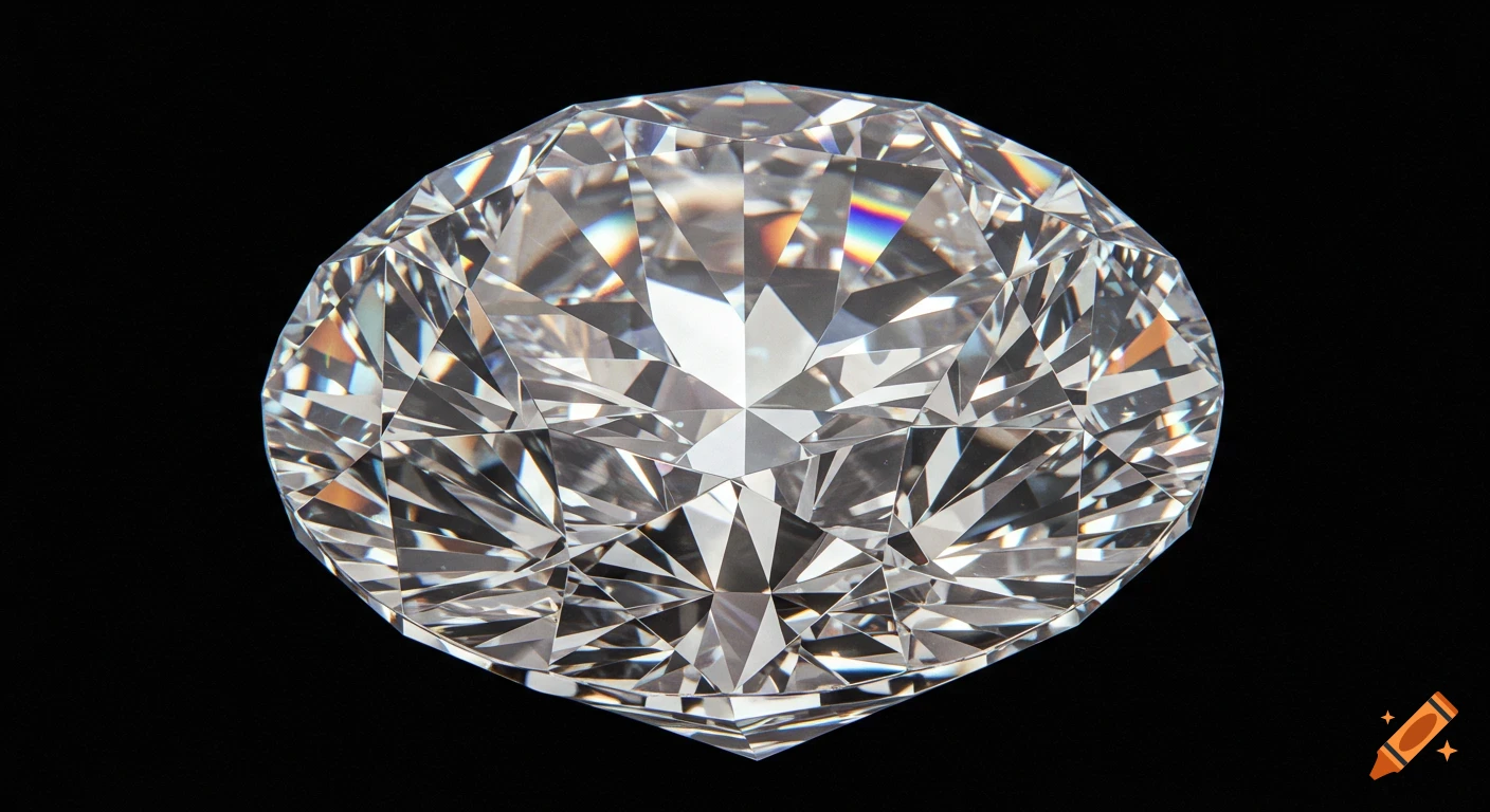 A close-up, top-down view of a brilliant, faceted diamond on a dark background, showing light refractions.