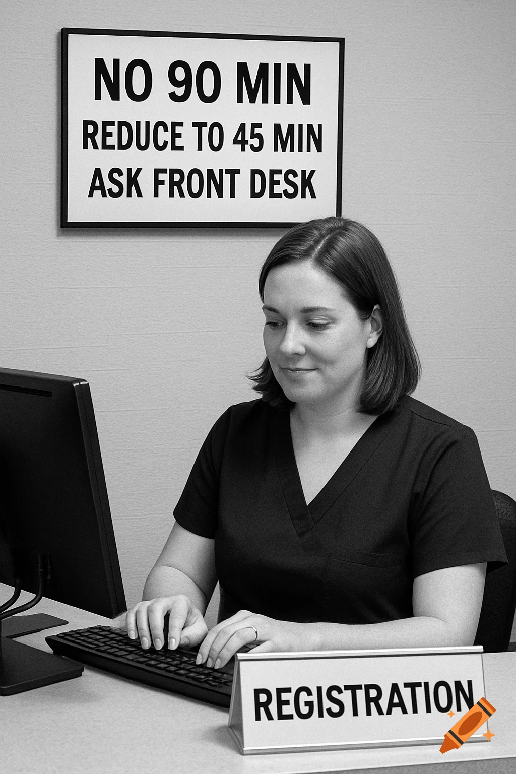 A woman in scrubs types at a desk with a 'REGISTRATION' sign. A wall sign reads 'NO 90 MIN REDUCE TO 45 MIN ASK FRONT DESK'.