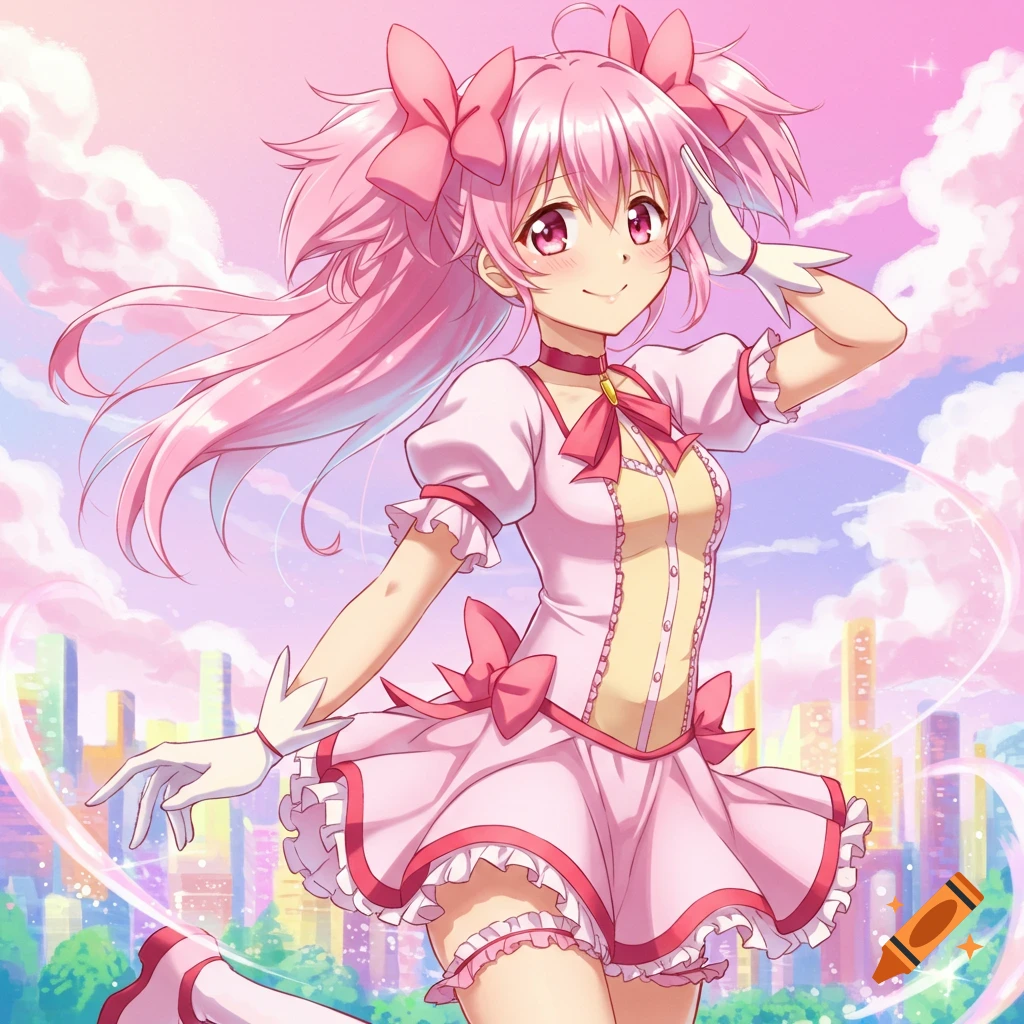 Anime girl with pink pigtails and bows, wearing a frilly pink and yellow dress, stands in front of a colorful cityscape and pink clouds.