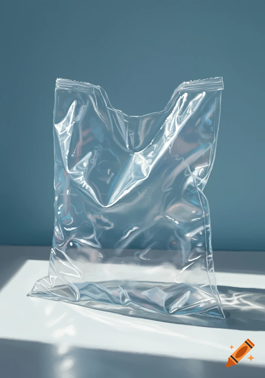 A photorealistic clear plastic bag standing on a white surface against a blue background, with reflections and shadows.