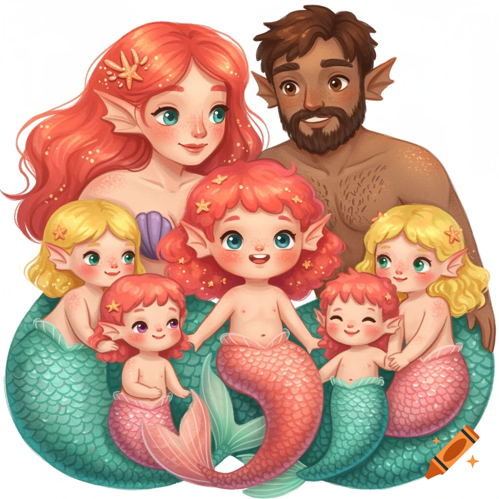 A cute cartoon illustration of a diverse mermaid and merman family with four children, smiling happily on a white background.