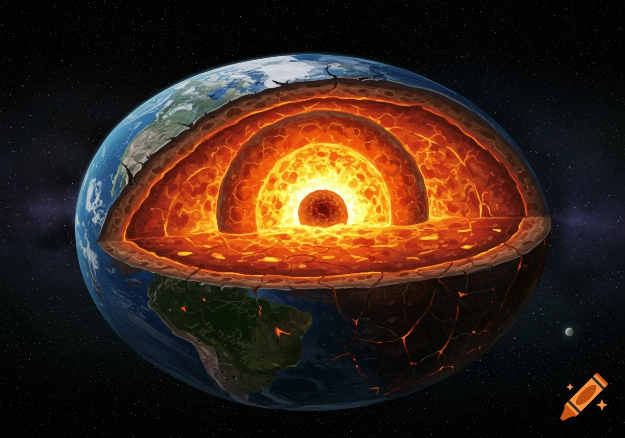 A vibrant illustration of a cutaway Earth in space, revealing its glowing hot core, mantle, and crust layers.