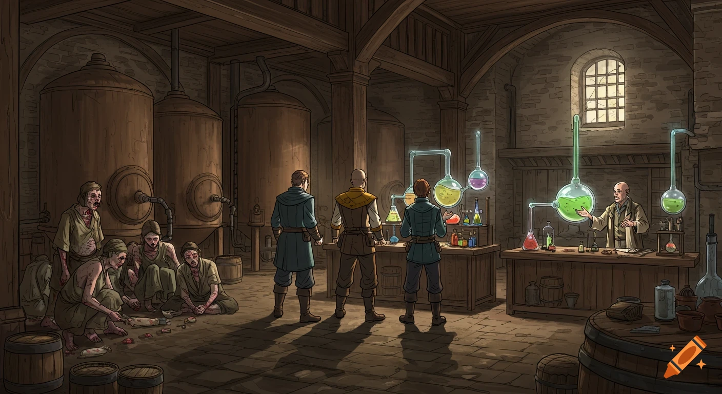 A hand-drawn fantasy scene of adventurers confronting an alchemist in a makeshift lab, with sickly peasants on the floor.