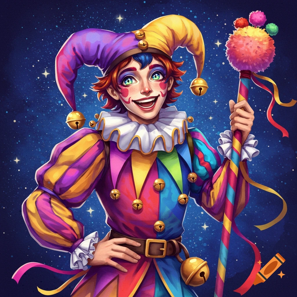 A vibrant illustration of a smiling jester in a colorful costume holding a staff, against a starry blue background.