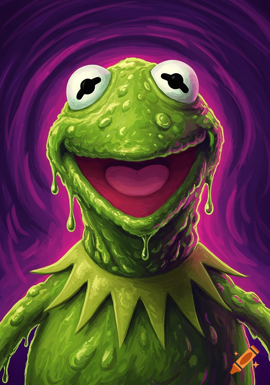 A detailed illustration of Kermit the Frog as a green, slimy ooze monster, smiling widely against a swirling purple background.