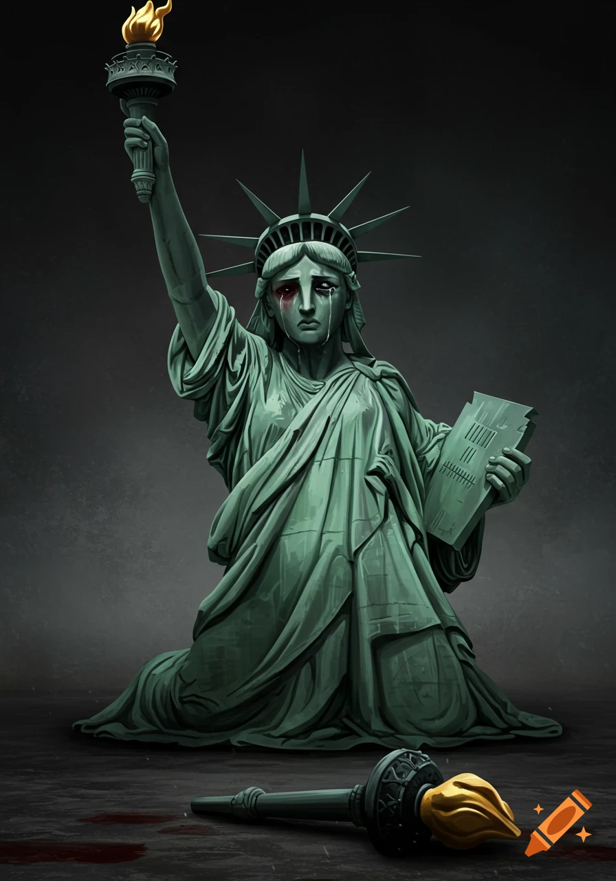 A stylized illustration of the Statue of Liberty kneeling and crying with a red eye, its torch fallen on the blood-stained ground.